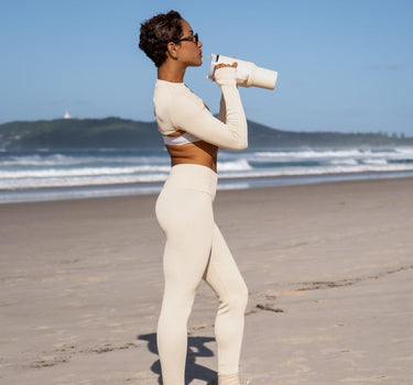 F.lux's commitment to sustainability shines in the Amy Ribbed Tights, crafted with biodegradable materials, marrying environmental responsibility with luxury activewear.