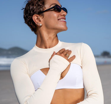 F.lux’s Amy Ribbed Shrug, engineered for superior comfort and unmatched support in eco-friendly fabric, perfect for elevating your activewear collection with sophistication