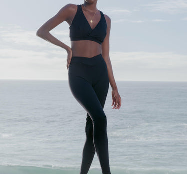Eco-Friendly Black Sports Bra Featuring Nursing-Friendly Design, Tailored for New Mothers and Active Women.