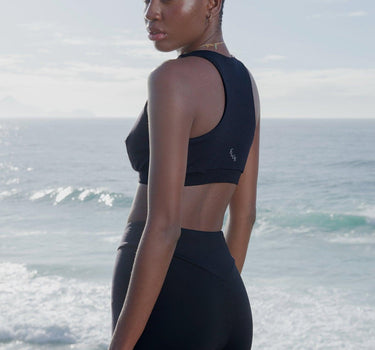 Luxurious Soft-Touch Black Sports Bra, Crafted with Biodegradable Material for Sustainable Fitness Fashion.