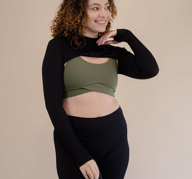 Ethically crafted Olive Green Bruna Sports Bra, perfect for workouts to streetwear, embodying fair-trade and eco-conscious principles.