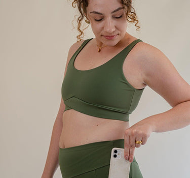 Olive Green Bruna Sports Bra by F.lux featuring premium eco-friendly fabric and chic V-back design for Australian women.