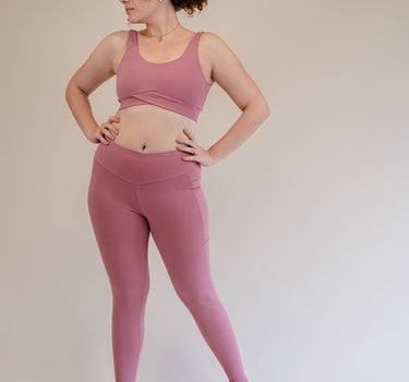 Barbie pink Tina Full-Length Leggings with double-layer high waistband and functional pockets, showcasing revolutionary sculpt fabric for superior support and style.