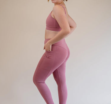 Eco-friendly Barbie pink Tina leggings designed for durability and sustainability, featuring squat-proof biodegradable sculpting fabric perfect for the eco-conscious fashionista.